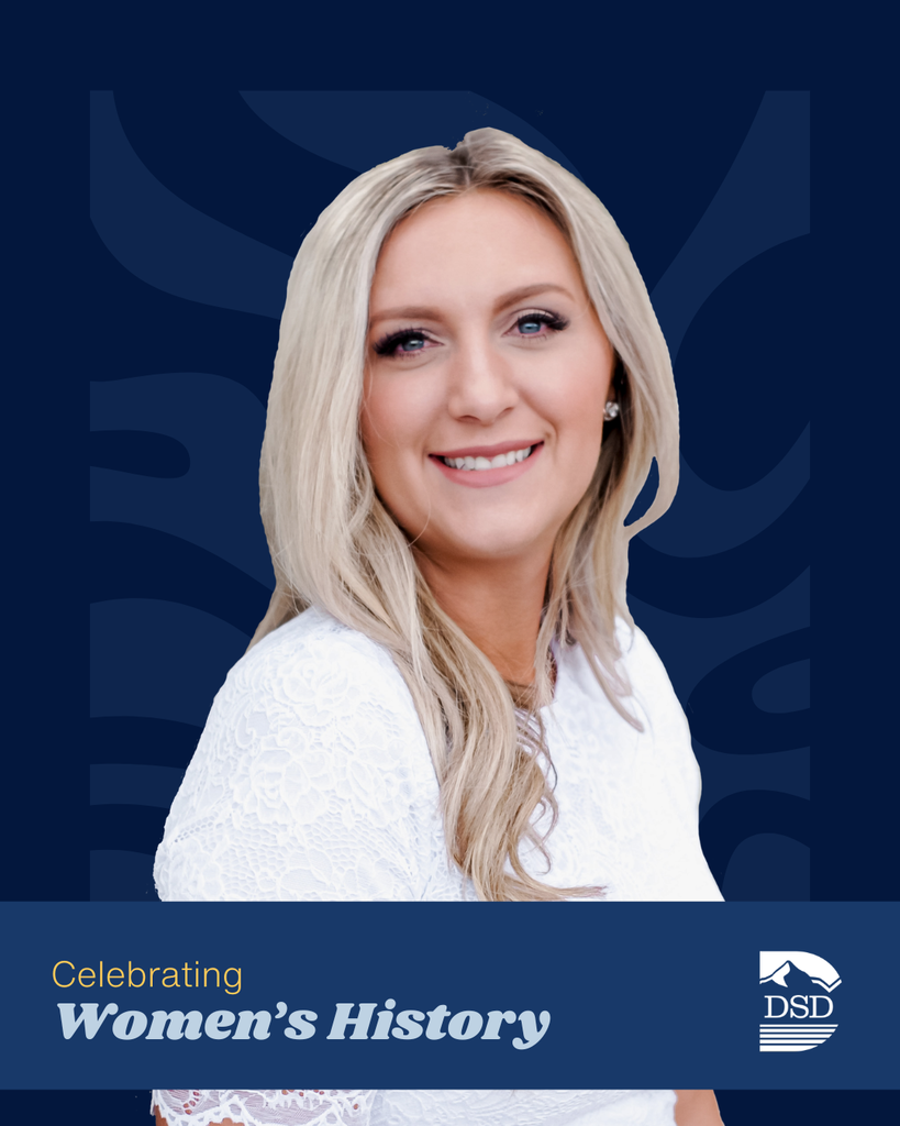 Celebrating Women's History. Davis School District Logo. Photo of someone smiling at the camera. 