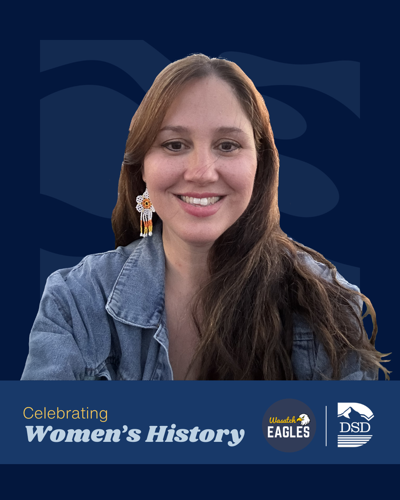 Celebrating Women's History. Wasatch Elementary and Davis School District Logos. Photo of someone smiling at the camera. 