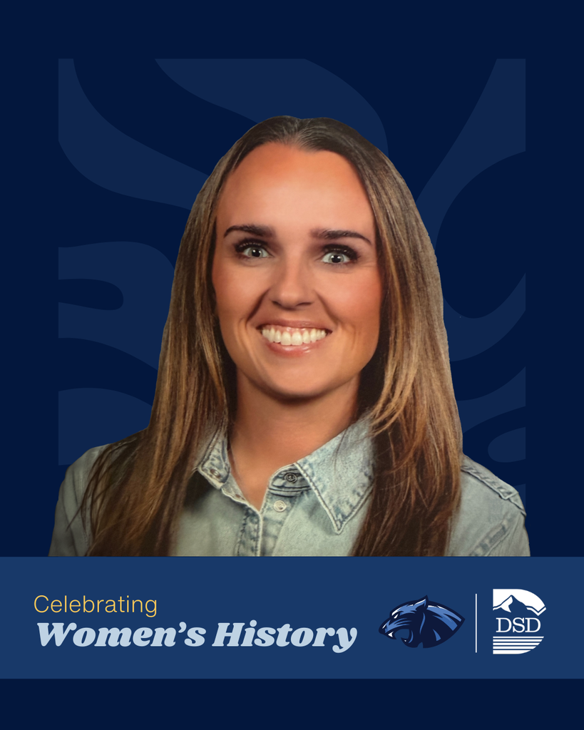 Celebrating Women's History. Mueller Park Elementary and Davis School District Logos. Photo of someone smiling at the camera. 