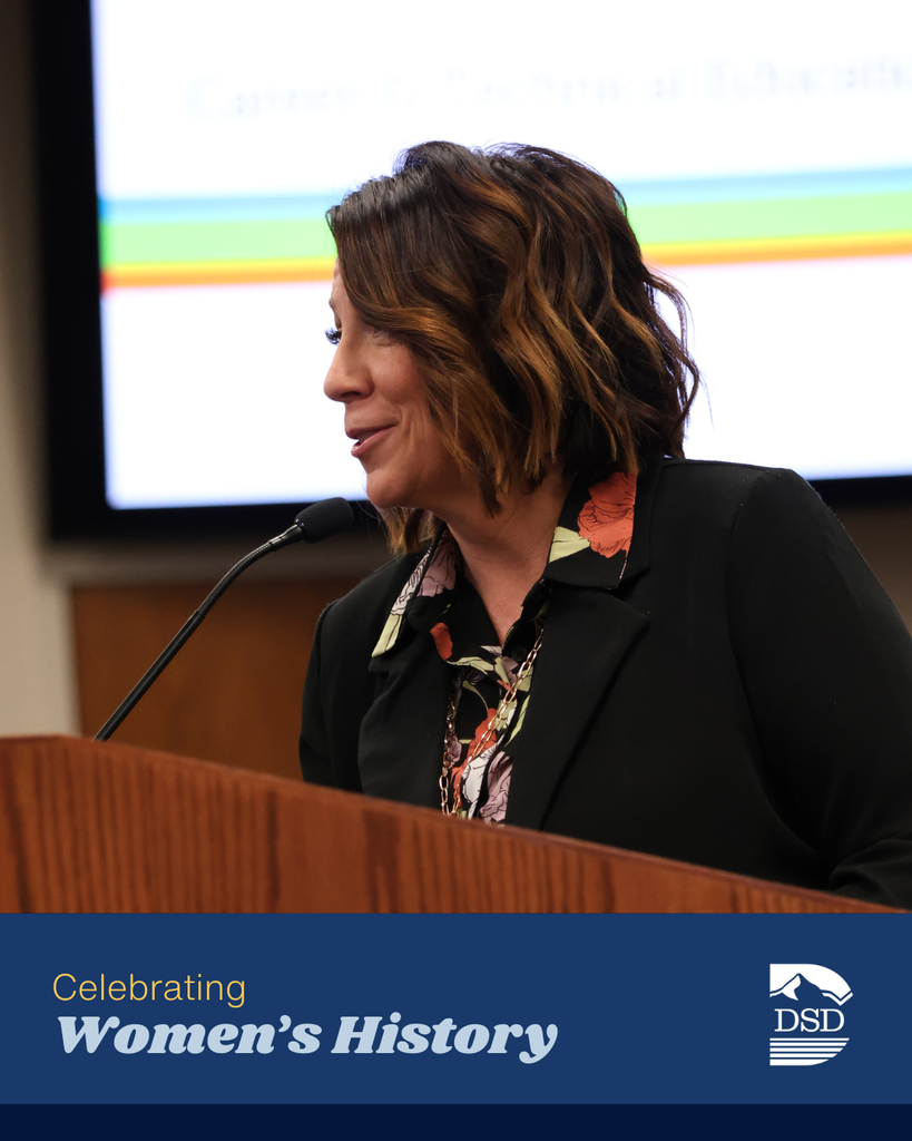 Celebrating Women's History. Davis School District Logo. Photo of someone smiling at the camera. 