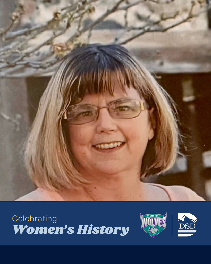 Celebrating Women's History. Windridge Elementary and Davis School District Logos. Photo of someone smiling at the camera. 