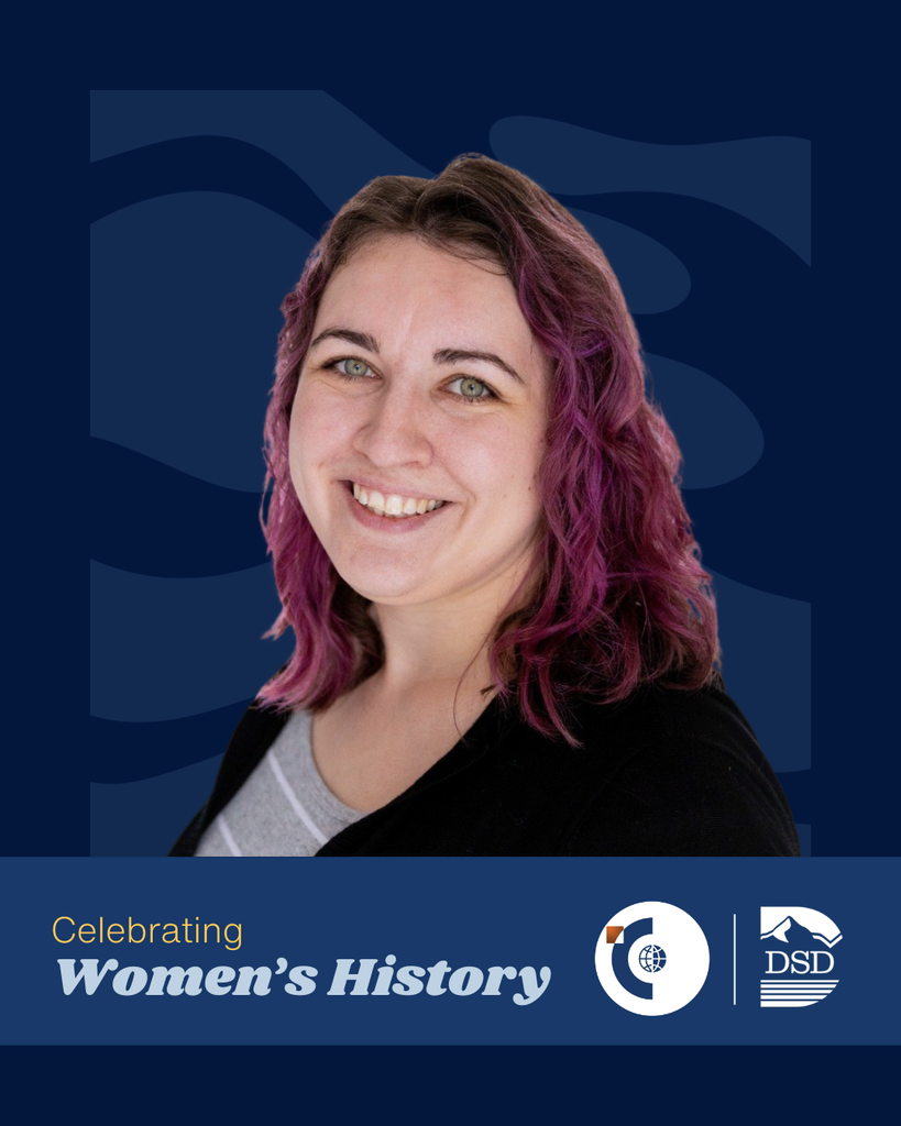 Celebrating Women's History. Catalyst Center and Davis School District Logos. Photo of someone smiling at the camera. 