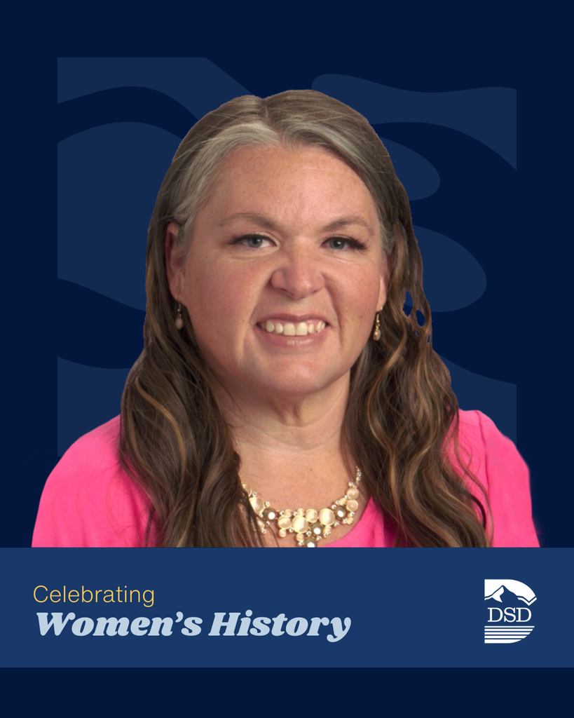 Celebrating Women's History. Davis School District Logos. Photo of someone smiling at the camera. 