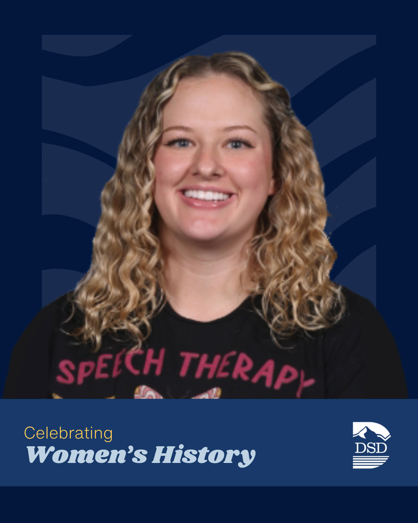 Celebrating Women's History. Davis School District Logos. Photo of someone smiling at the camera. 