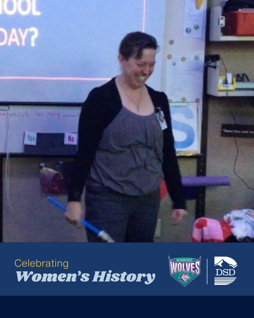 Celebrating Women's History. Windridge Elementary and Davis School District Logos. Photo of someone smiling at the camera. 