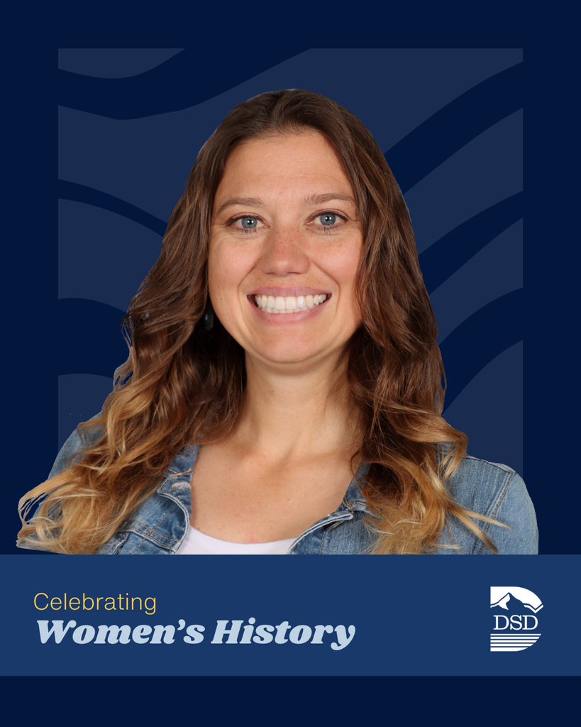 Celebrating Women's History. Davis School District Logo. Photo of someone smiling at the camera. 