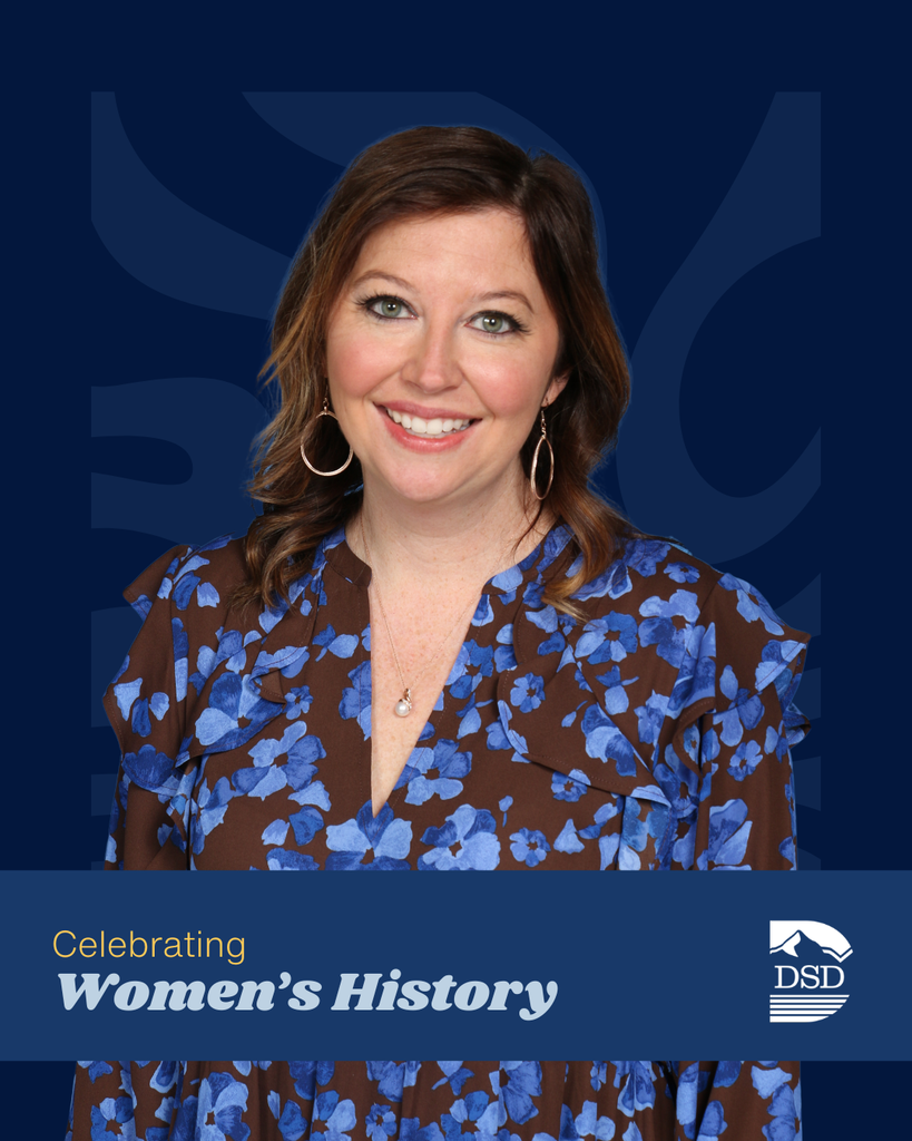 Celebrating Women's History. Davis School District Logo. Photo of someone smiling at the camera. 