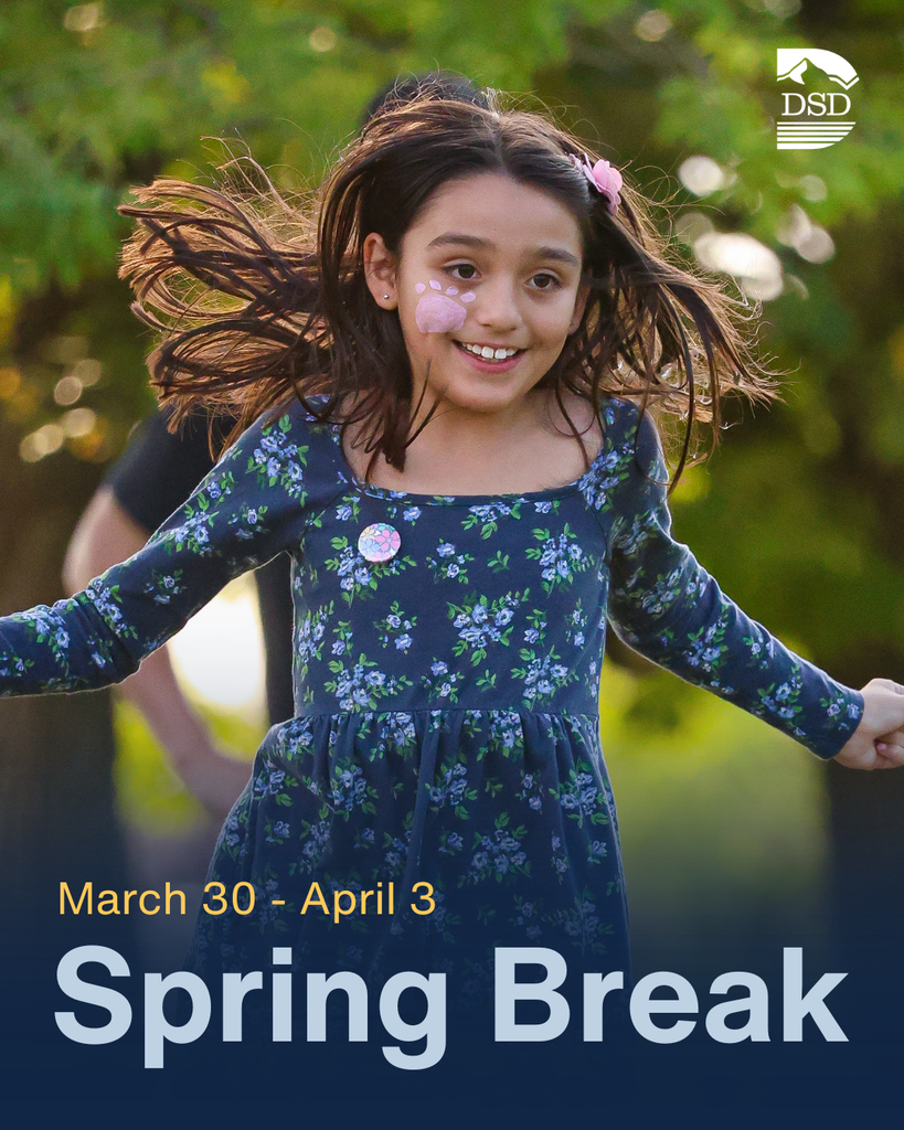 A student with pink face paint jumping outside. March 30 - April 3 Spring Break with the Davis School District Logo. 