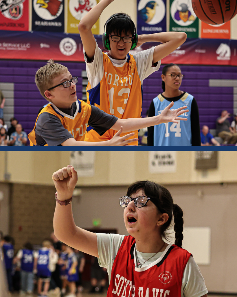 A collage of two photos during the Junior High Unified Basketball Tournament. 