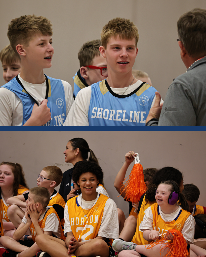 A collage of Shoreline and Horizon Students smiling prior to their basketball game starting. 