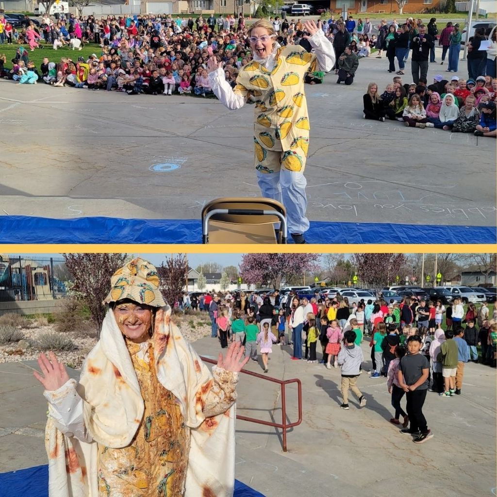 Principal before being drenched in taco topping and after.