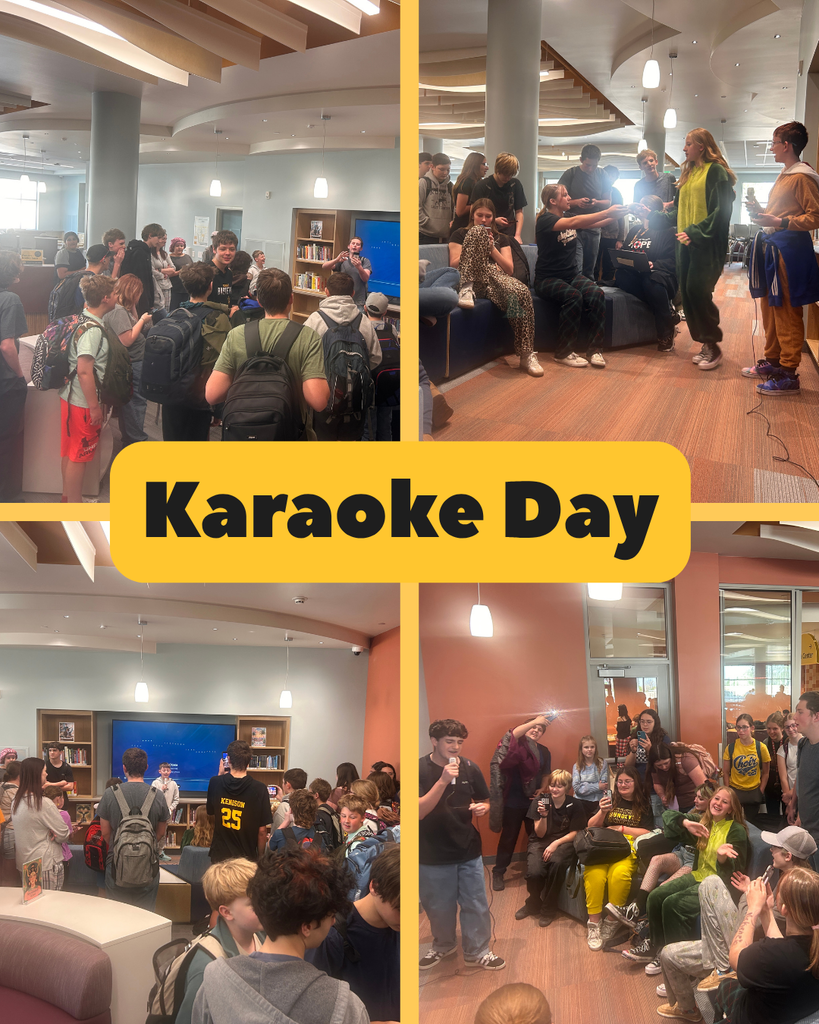Karaoke Day-images of students gathered around the TV screen doing karaoke.