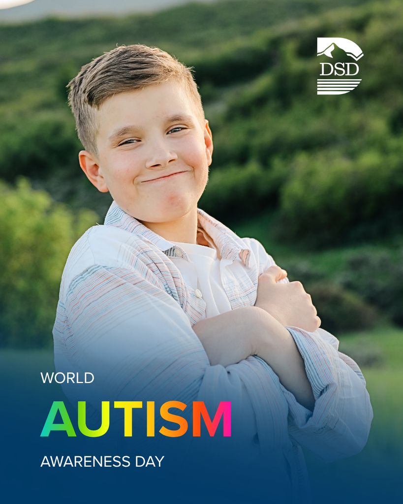 World Autism Awareness Day. Student smiling. DSD logo