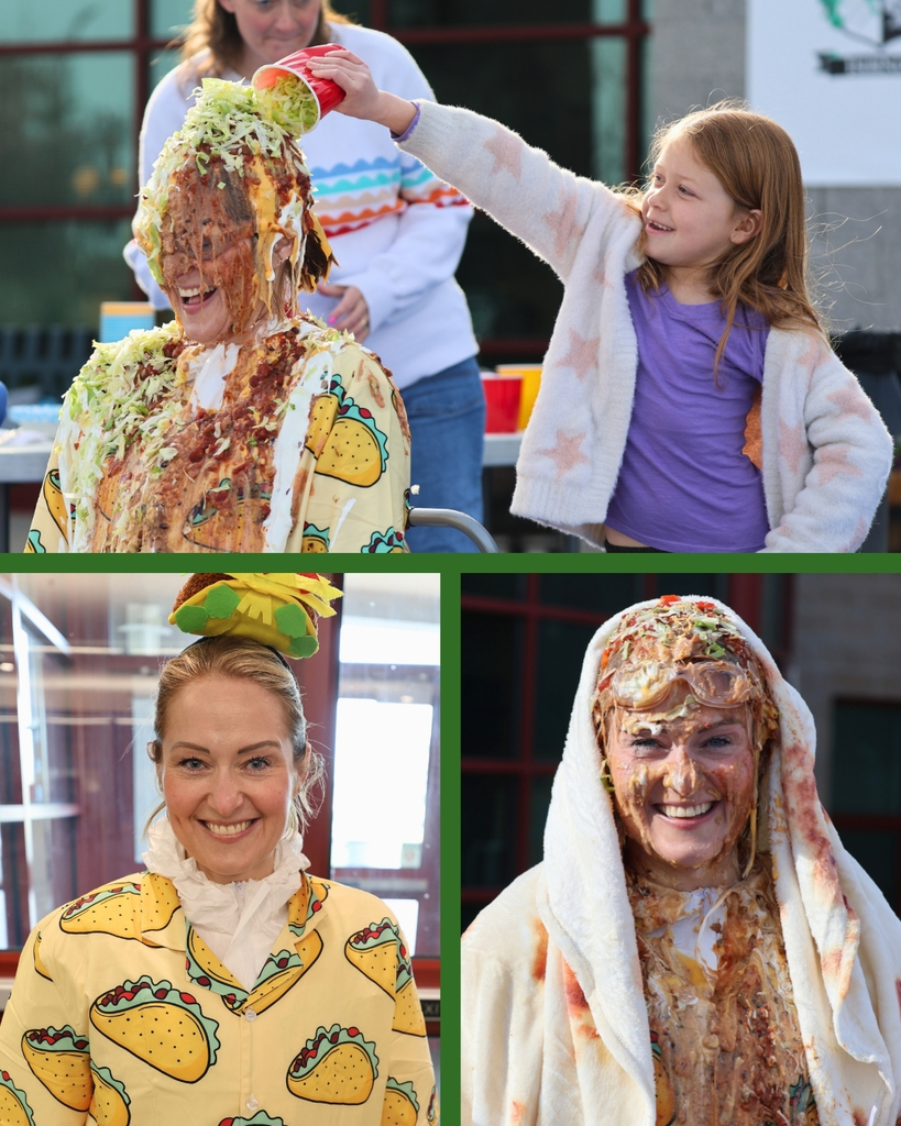 Students participating in turning their teacher into a taco. Before and after images of principal Lowry. 