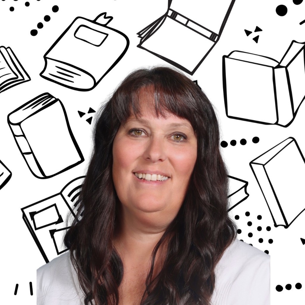 Portrait of Bountiful Elementary librarian Mrs. Berge smiling in front of a white background with black book illustrations.