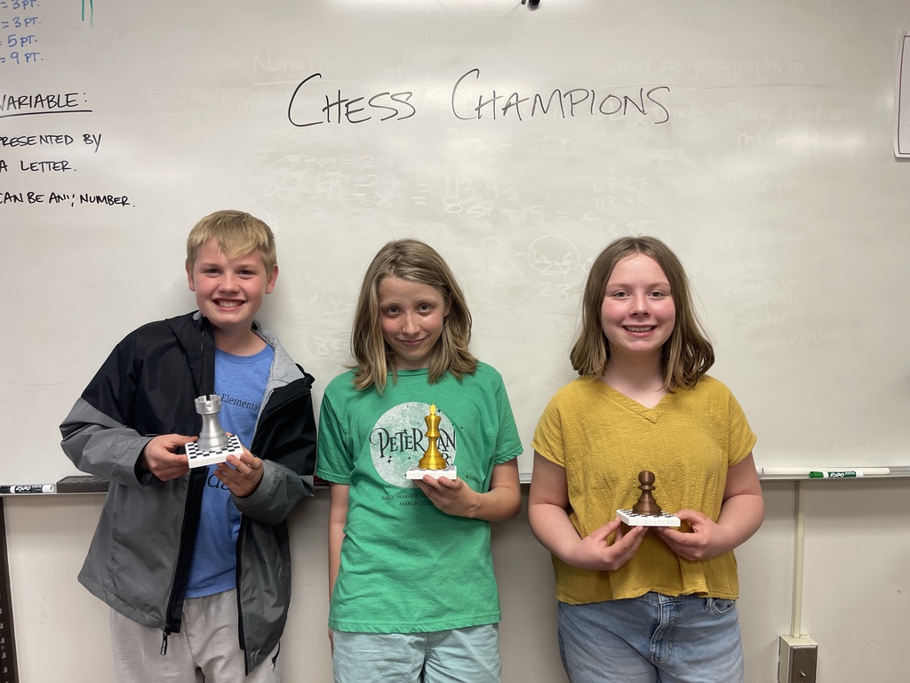 three students standing in front of a whiteboard with Chess Champions written on it. Each student is holding a 3D printed chess piece trophy.