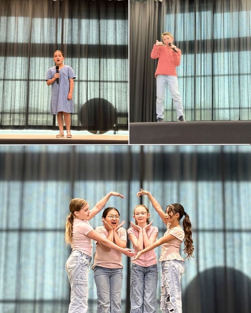 A collage of three performances on a stage. Top left: a girl sings into a microphone. Top right: a boy performs energetically with a microphone. Bottom: a group of four girls pose together with their arms forming shapes around their faces, smiling.