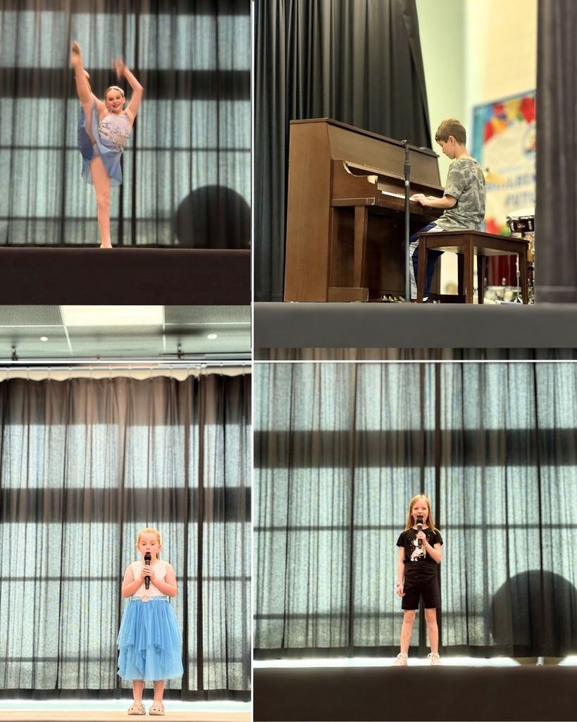 A collage of four students performing on a school stage. Top left: a young dancer in a blue costume lifts her leg high in a pose. Top right: a boy plays the piano. Bottom left: a young girl in a blue dress sings into a microphone. Bottom right: another girl sings solo on stage holding a microphone.