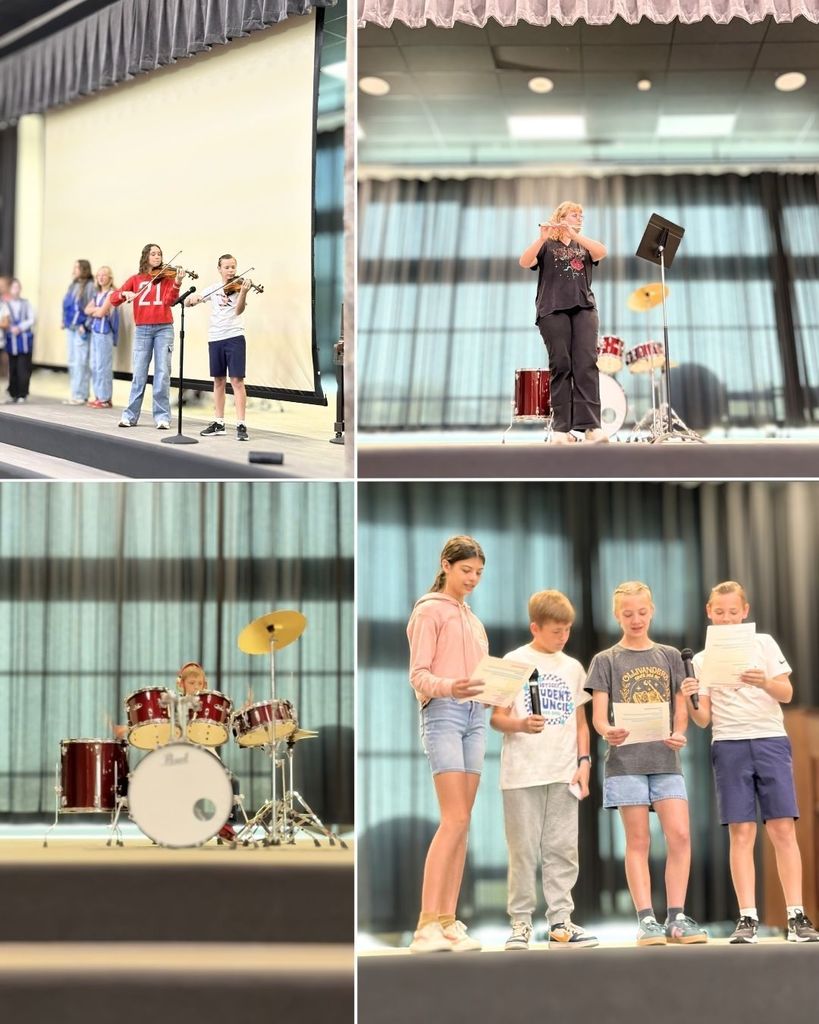 A collage of four student performances. Top left: two students play violins together. Top right: a student plays the flute with a music stand. Bottom left: a student plays a drum set. Bottom right: four students stand together reading from papers, likely presenting or announcing.