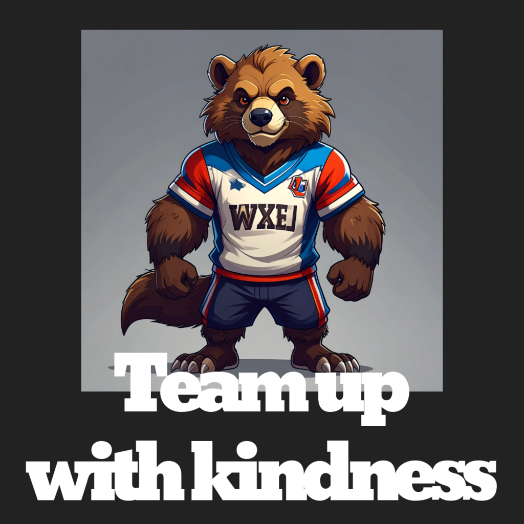 Wolverine mascot wearing a team jersey.  Text:  Team up with Kindness