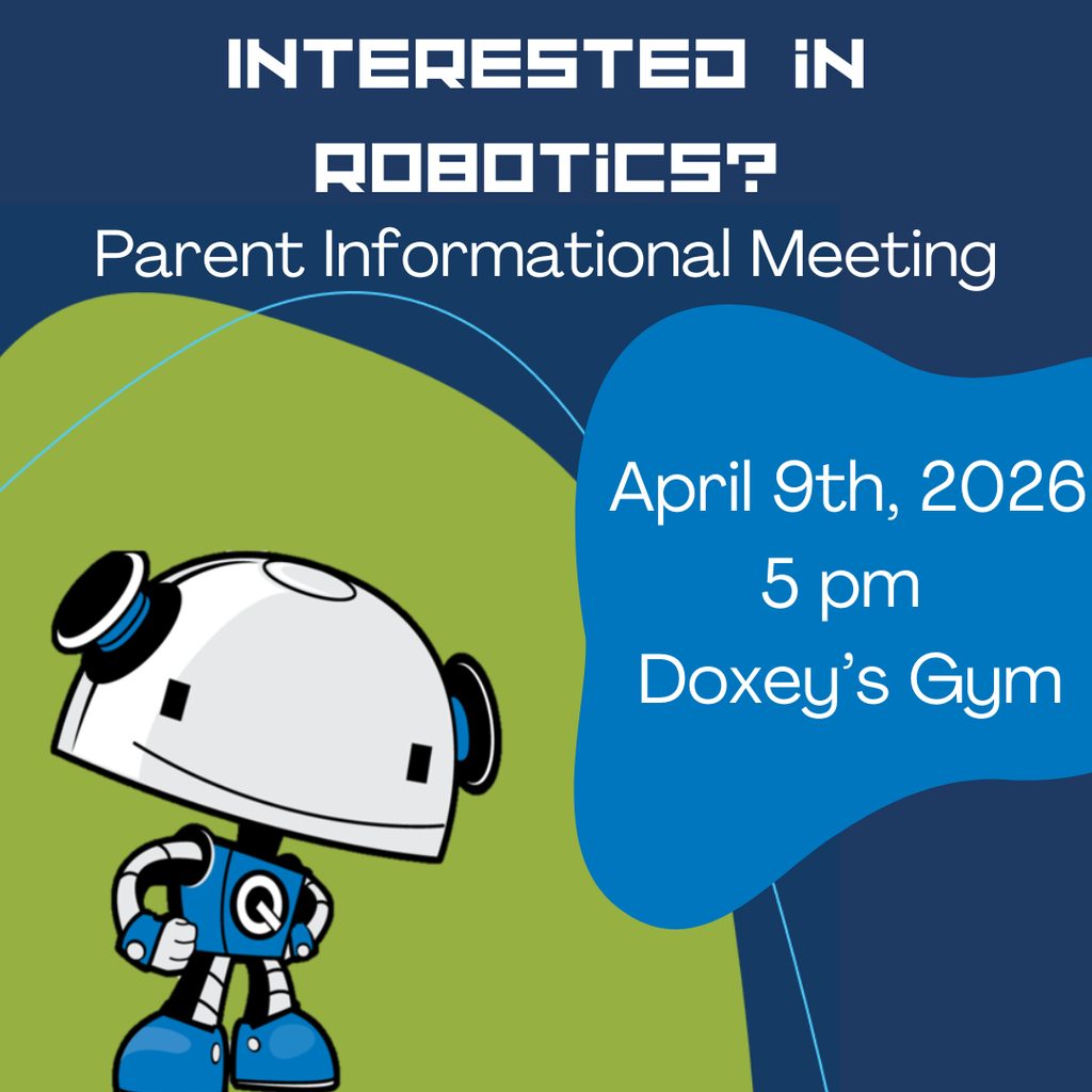A promotional flier for a school robotics meeting. The background is a mix of dark blue and navy, featuring a green curved shape on the left and a blue organic blob on the right. In the bottom left corner, there is a cartoon illustration of a friendly white and blue robot with a circular head and large eyes.