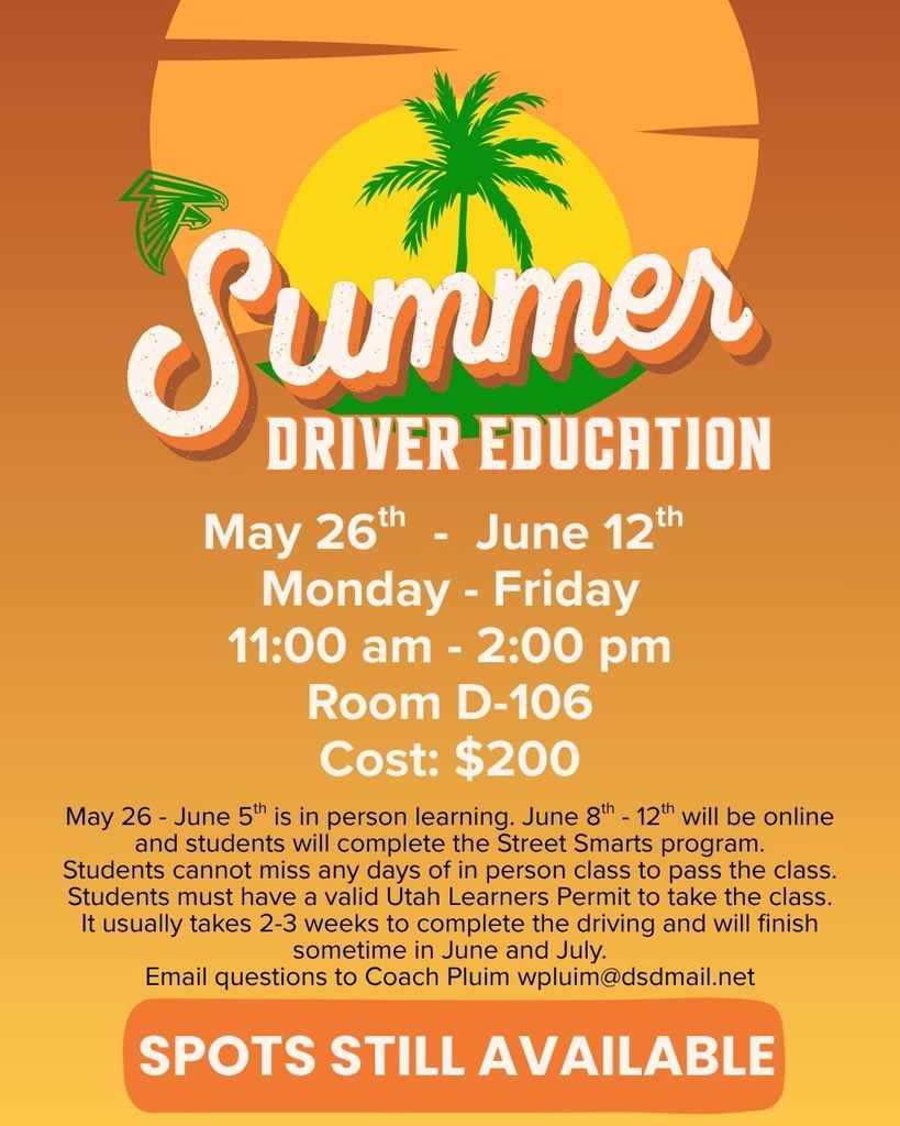 Summer driver education registration begins Tuesday, April 7th at 7:00 am in the main office.