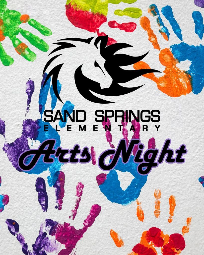 Photo of paint handprints with Sand Springs Elementary Stallion logo and text of "Arts Night".
