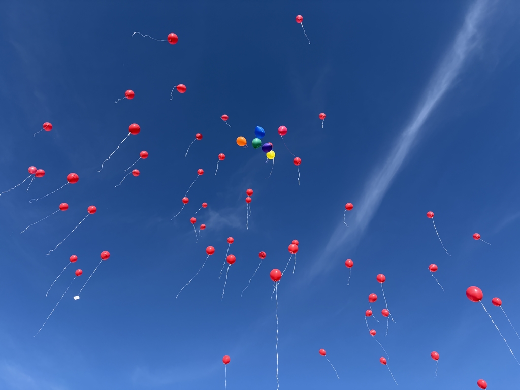 A high-angle shot of a clear, bright blue sky filled with many red balloons drifting upward. In the center of the frame, a small cluster of blue, green, orange, and purple balloons floats together amongst the red ones.