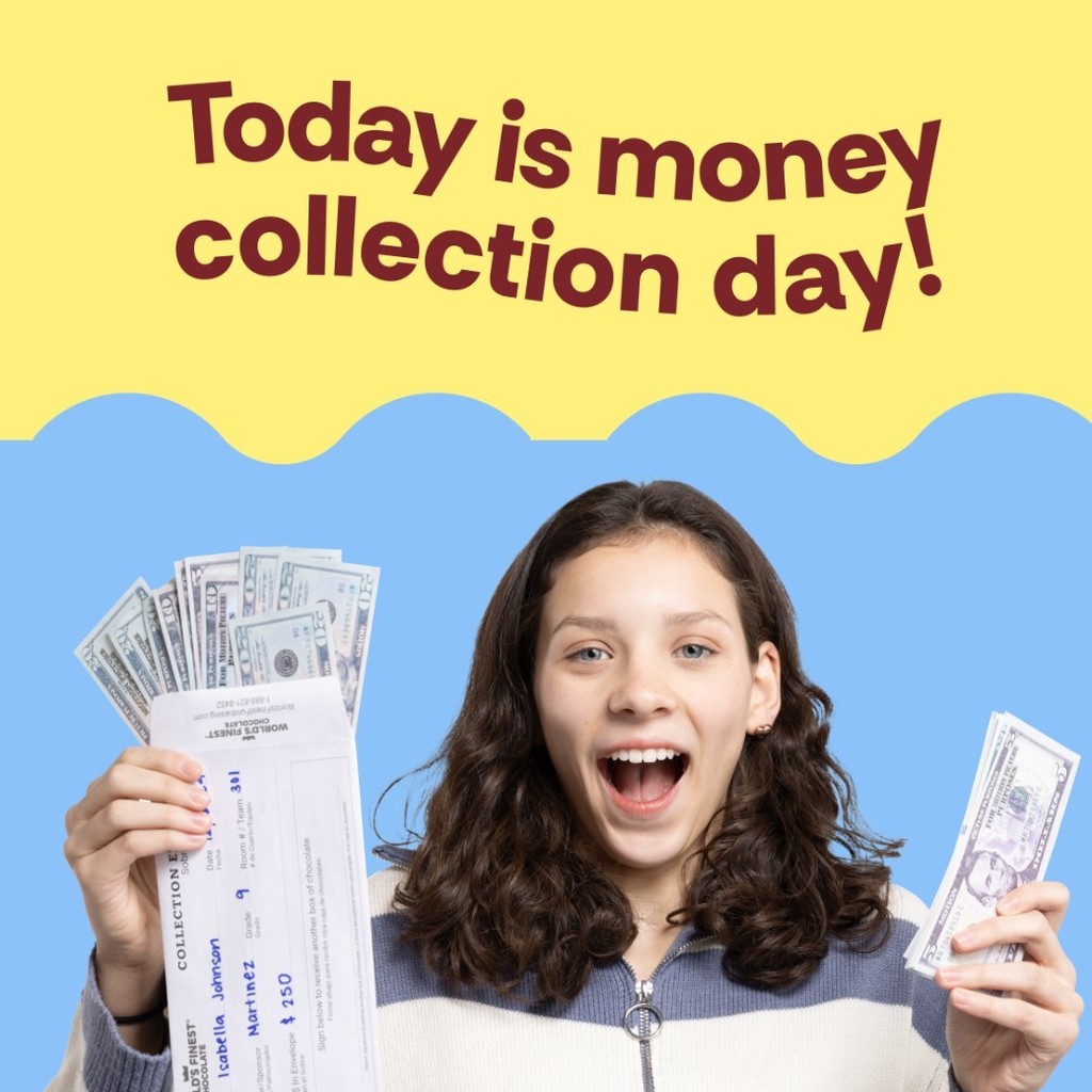 ​A graphic featuring a young girl with dark curly hair and a joyful expression, wearing a blue and white striped quarter-zip sweater. She is holding a "World's Finest Chocolate" collection envelope filled with twenty-dollar bills in one hand and a stack of five-dollar bills in the other. The background is split horizontally with a yellow top section containing the bold text "Today is money collection day!" and a bright blue bottom section.