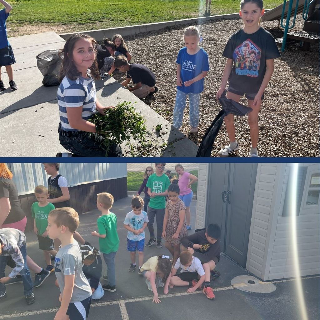 Students work together outside the school to pick up trash and pull weeds.