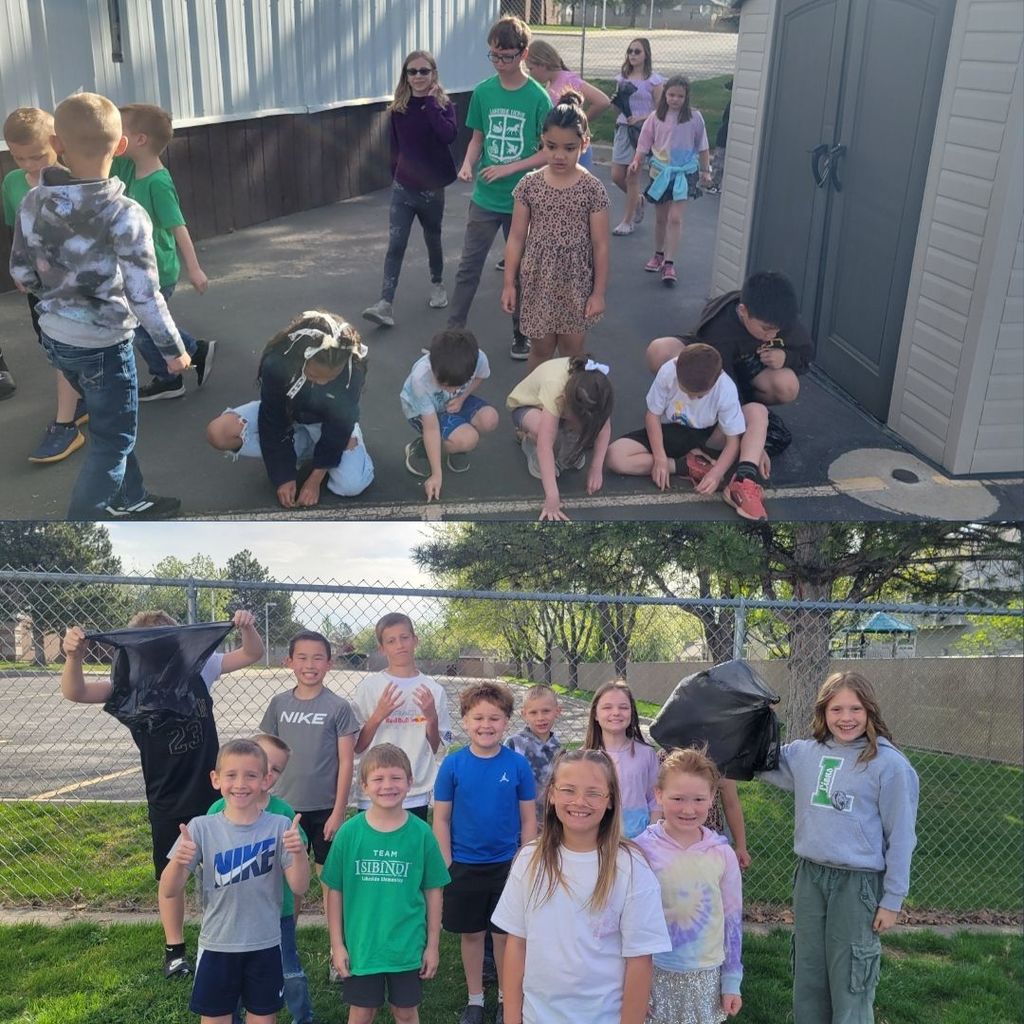Students work together outside the school to pick up trash and pull weeds.