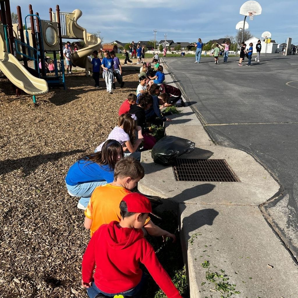 Students work together outside the school to pick up trash and pull weeds.