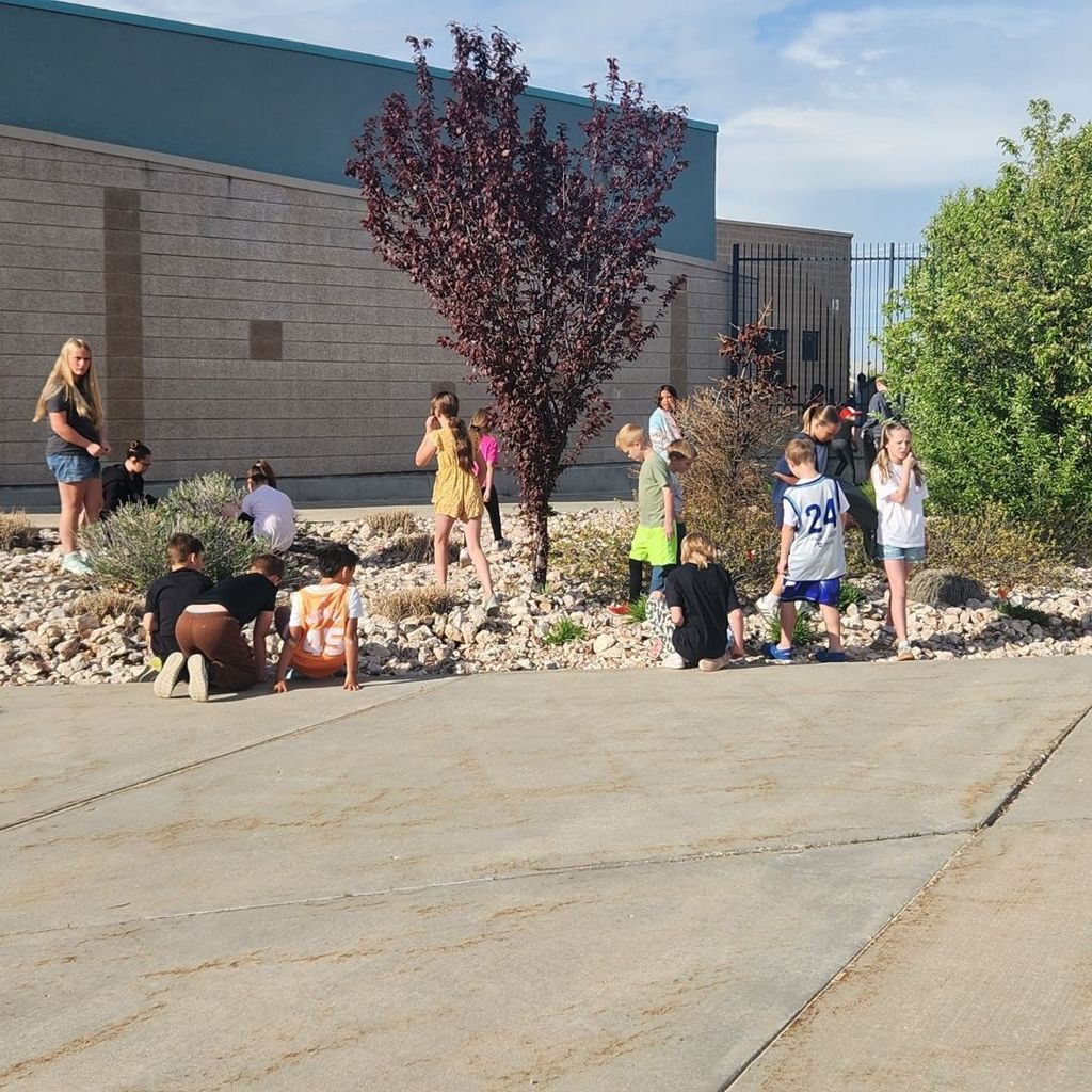 Students work together outside the school to pick up trash and pull weeds.