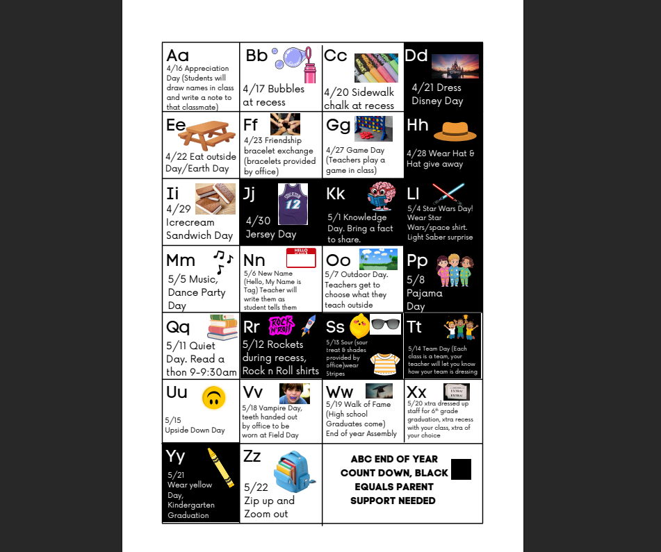 A colorful "ABC End of Year Countdown" calendar for Doxey Elementary. The schedule lists daily activities for each letter of the alphabet, beginning on April 16th with "A" for Appreciation Day and "B" for Bubbles at recess on April 17th. Other highlights include Disney Day on April 21st, Star Wars Day on May 4th, and a Read-a-thon on May 11th. The calendar concludes with "Z" for "Zip up and Zoom out" on May 22nd.