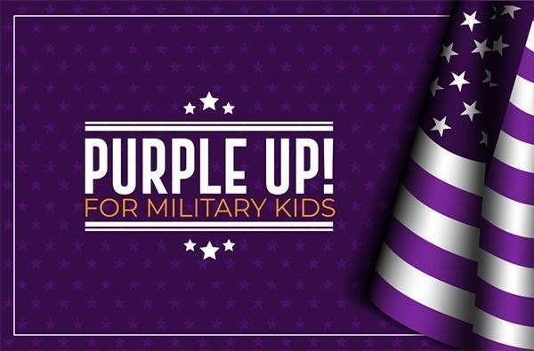 Graphic reading ‘Purple Up! for Military Kids’ with stars and a purple American flag design representing support for military-connected students.