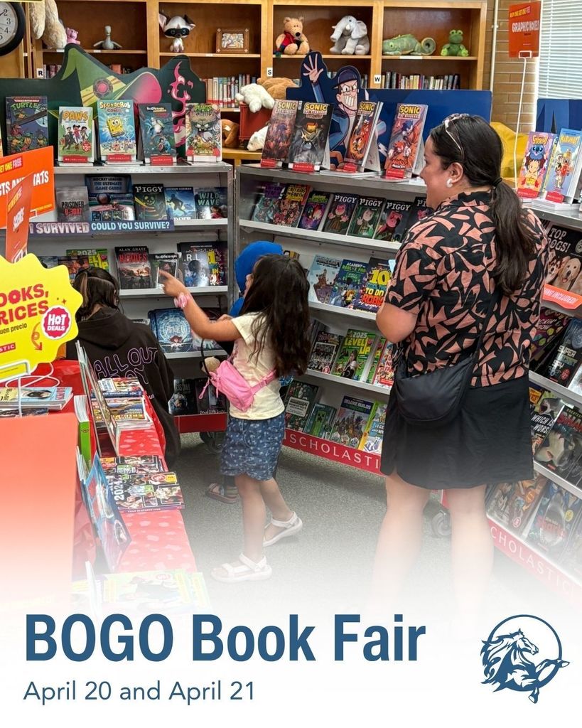 BOGO Book Fair. April 20 and April 21. Image of parent and students shopping at book fair.