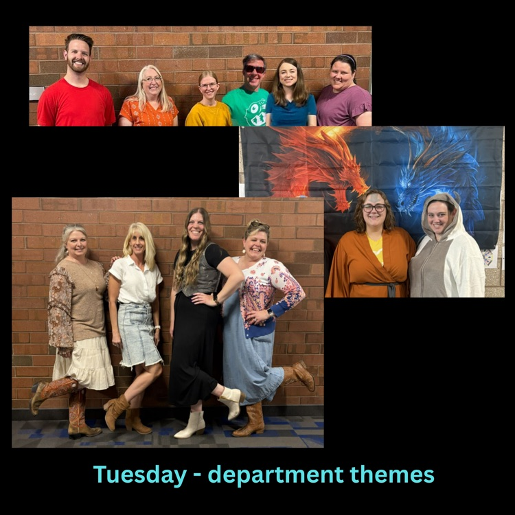 Groups of teachers posing in themed outfits by department, including coordinated styles and costumes