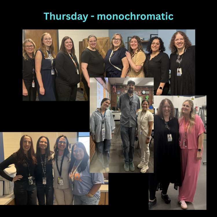 Teachers wearing single-color outfits, mostly black and neutral tones, posing together for monochromatic day