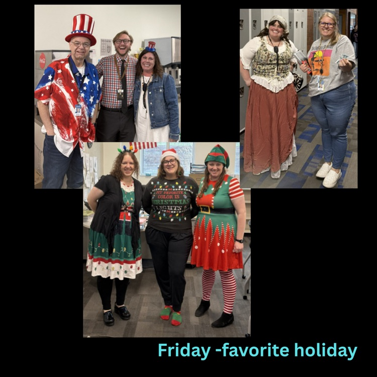 Teachers dressed in festive outfits, including patriotic and Christmas-themed clothing, for ‘favorite holiday’ day
