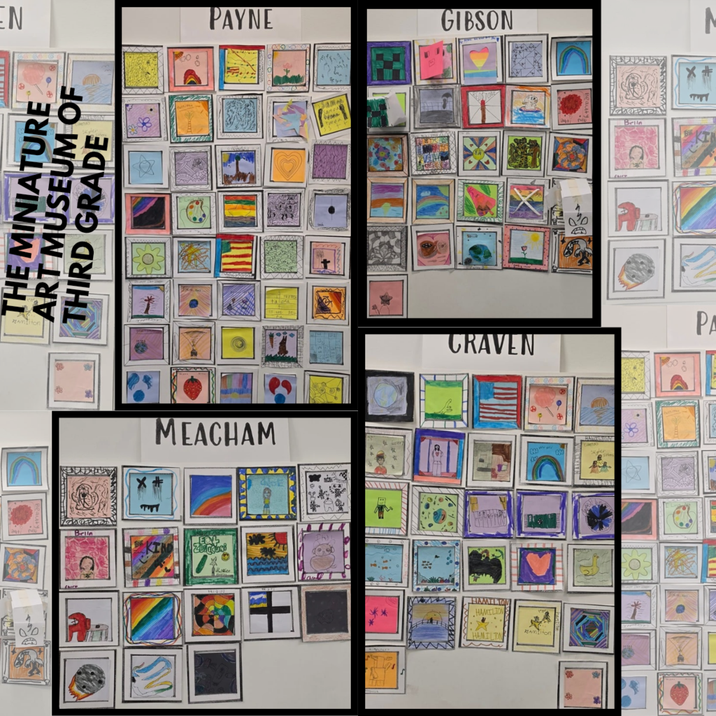 Third Grade Miniature Art Museum display at Bountiful Elementary featuring miniature student artwork from the Payne, Gibson, Meacham, and Craven classes. The artwork includes colorful patterns, landscapes, rainbows, and imaginative designs.