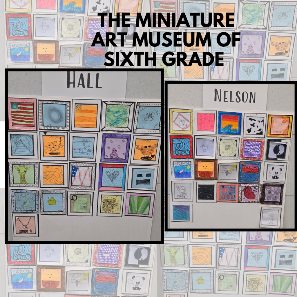 Sixth Grade Miniature Art Museum display at Bountiful Elementary featuring miniature student artwork from the Hall and Nelson classes. The collage shows detailed square drawings arranged in a gallery-style presentation.