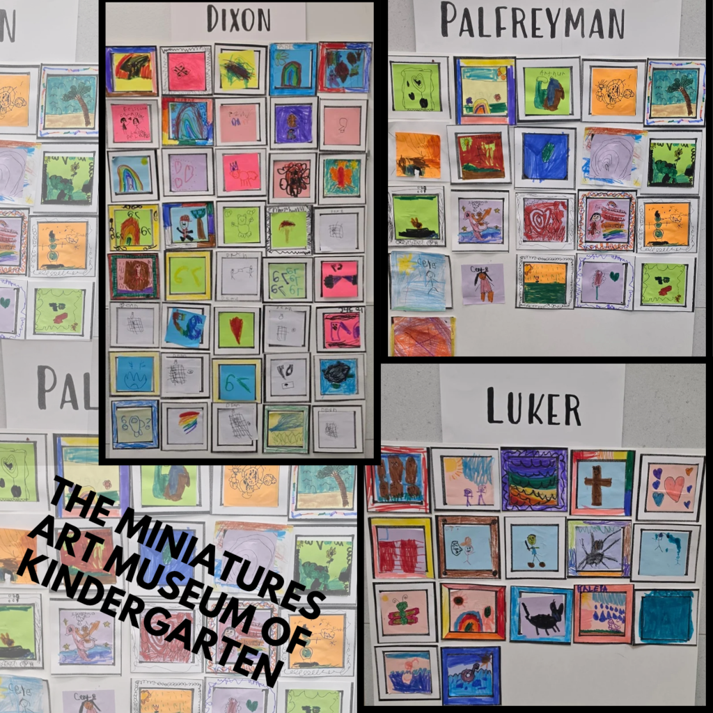 Kindergarten Miniature Art Museum display at Bountiful Elementary featuring collages of student artwork from the Dixon, Palfreyman, and Luker classes. The display shows many small colorful square drawings arranged like a museum gallery wall.