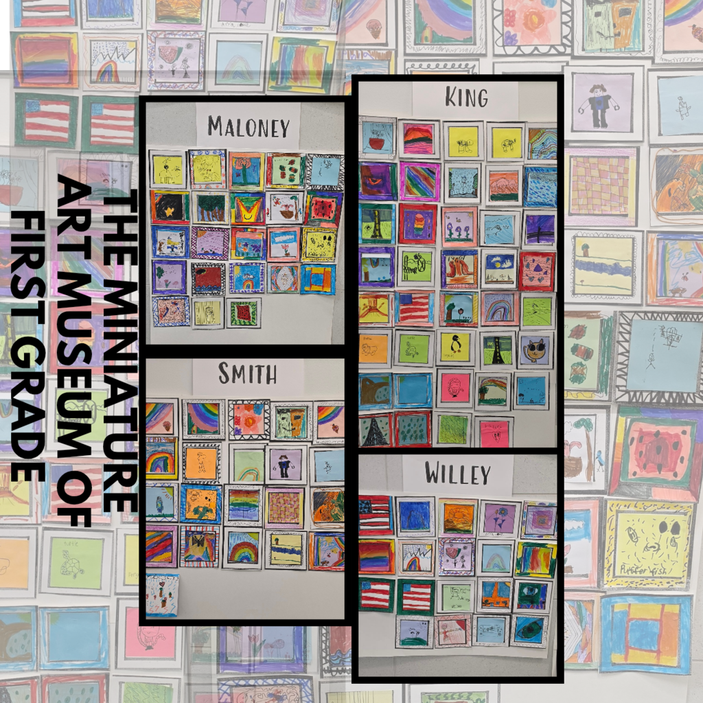 First Grade Miniature Art Museum display at Bountiful Elementary featuring student artwork from the Maloney, King, Smith, and Willey classes. The collage shows rows of bright miniature drawings displayed in classroom groupings.