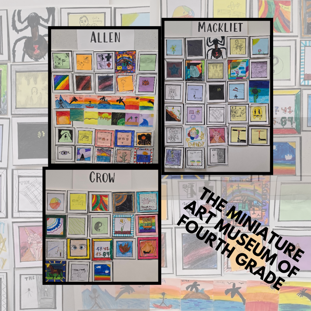 Fourth Grade Miniature Art Museum display at Bountiful Elementary featuring student artwork from the Allen, Mackliet, and Crow classes. The collage shows small framed-style drawings displayed together like a museum exhibit.