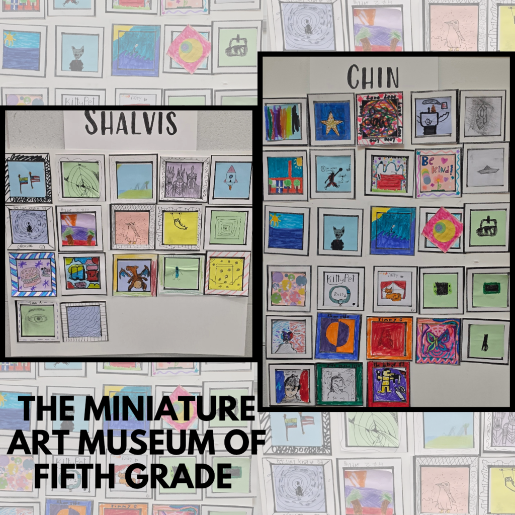 Fifth Grade Miniature Art Museum display at Bountiful Elementary featuring miniature student artwork from the Shalvis and Chin classes. The collage includes a variety of colorful drawings, symbols, characters, and creative designs.