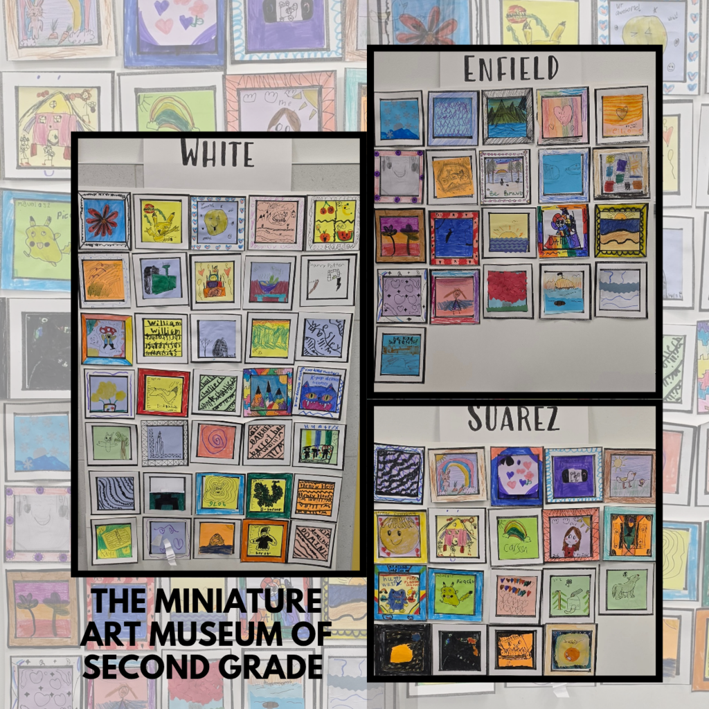 Second Grade Miniature Art Museum display at Bountiful Elementary featuring student artwork from the White, Enfield, and Suarez classes. The collage includes many colorful square art pieces arranged in gallery-style panels.