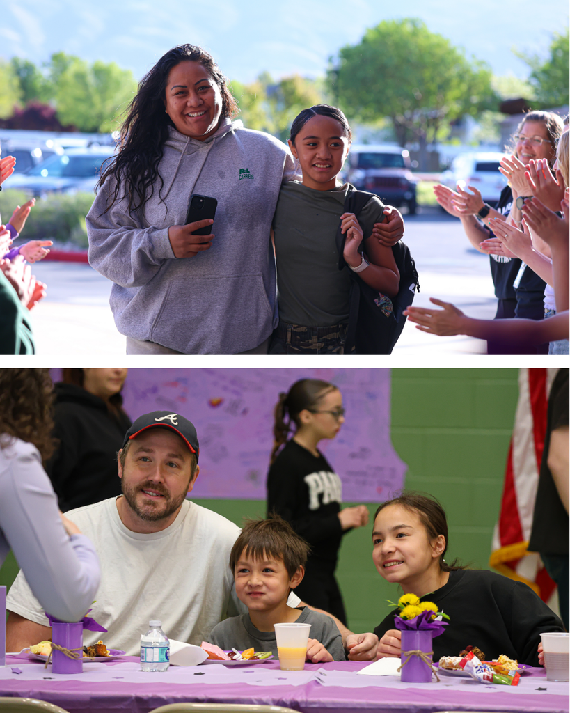 A collage of two photos. The top photo is of a parent and a student smiling and walking through a sea of people clapping for them. The bottom photo is of a family posing for a picture while eating breakfast. 
