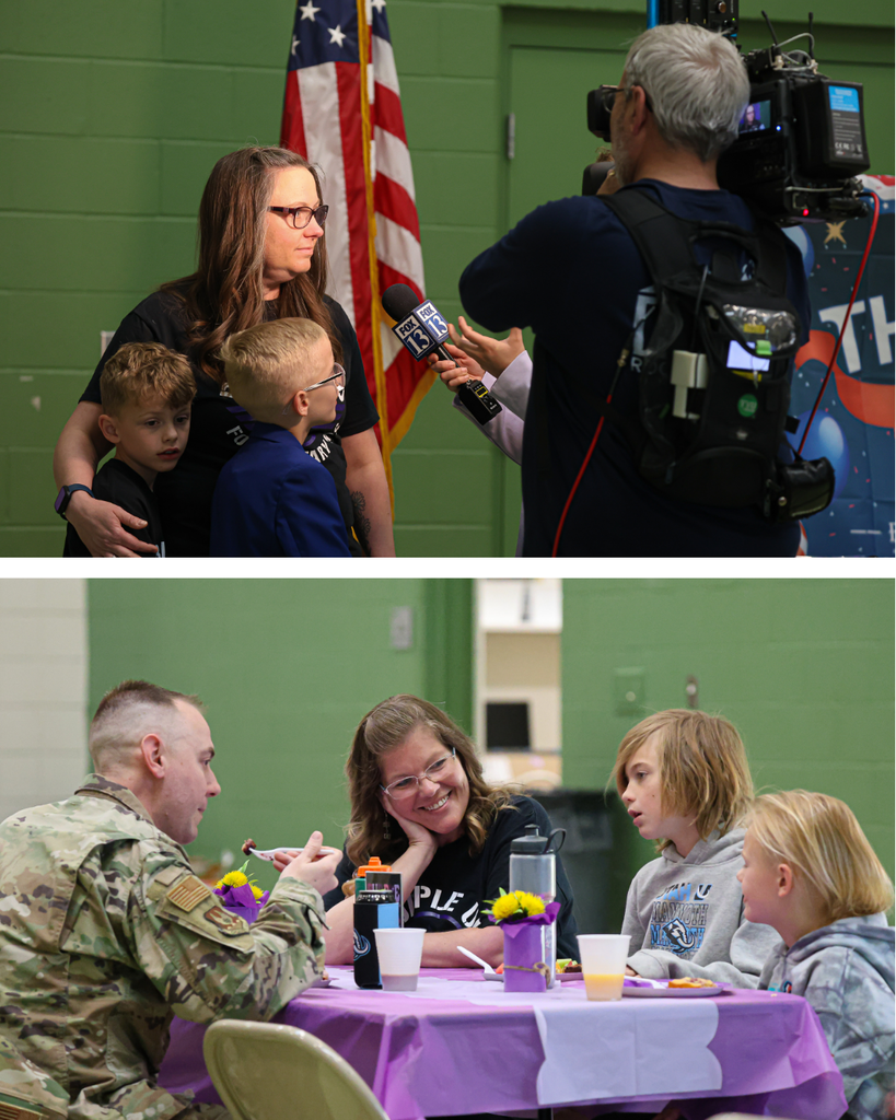 A collage of two photos. The top photo is of a teacher and her two sons being interviewed by Fox13. The bottom photo is of a military family talking with the principal during their breakfast.