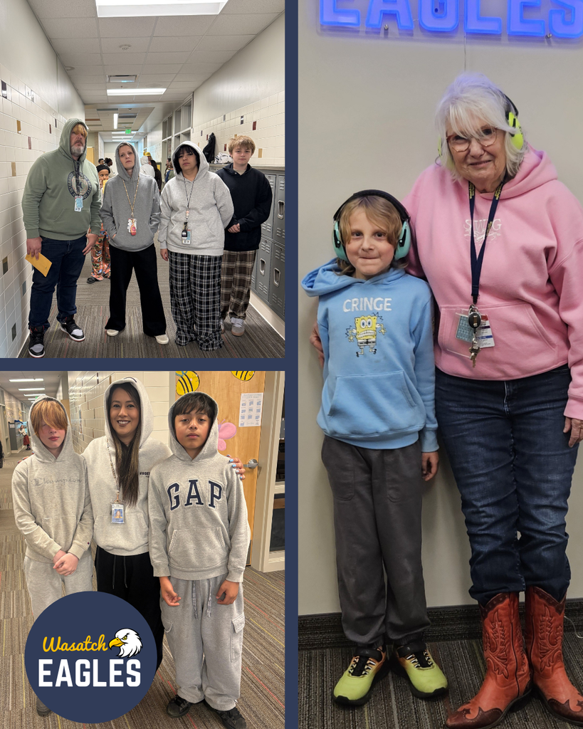 A photo collage from a school hallway showing students and teachers and staff during a dress‑up reward day. In the left images, groups of students wear hoodies, lanyards, and casual clothing while standing in the hallway. In the right image, a teacher or staff member and a student stand together wearing hoodies and headphones. A Wasatch Eagles logo appears in the collage.