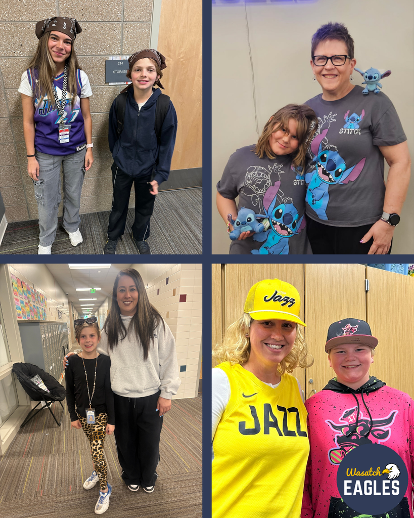 A four‑photo collage from a school hallway showing students with teachers and staff during a dress‑up reward day. The top left image shows two students wearing bandanas and casual outfits standing against a brick wall. The top right image shows a student and an adult wearing matching Stitch‑themed shirts, with the student holding a small stuffed character. The bottom left image shows a student in patterned pants standing beside an adult in a white sweater in a hallway. The bottom right image shows a student and an adult wearing bright sports‑themed clothing and hats. A Wasatch Eagles logo appears in the collage.